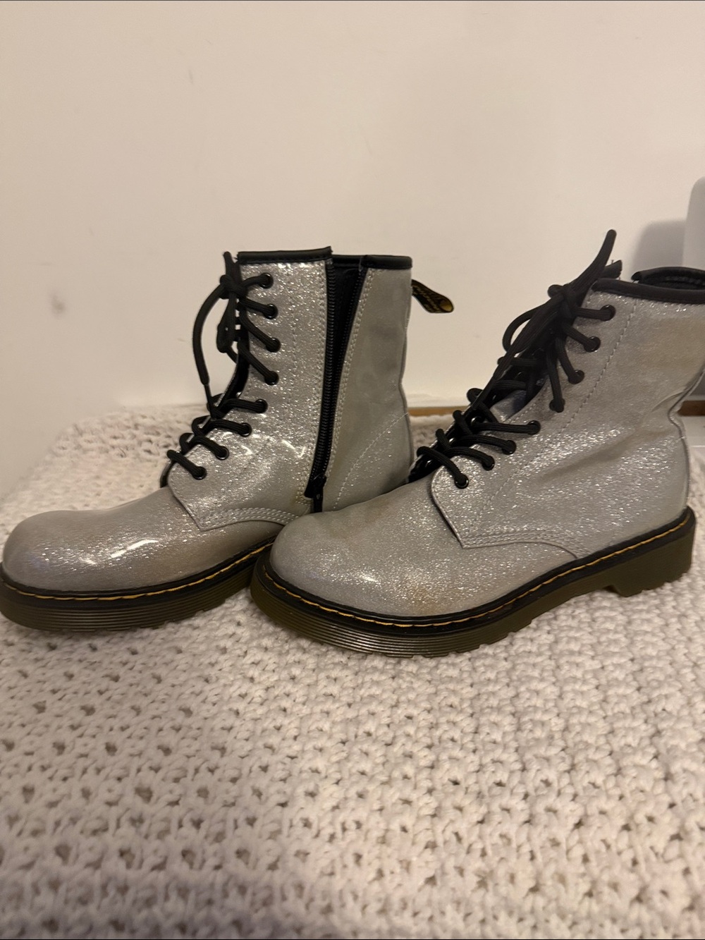 Dr. Martens Glitter Silver Lace-Up Combat Boots - Women's 6 or big girls size 5